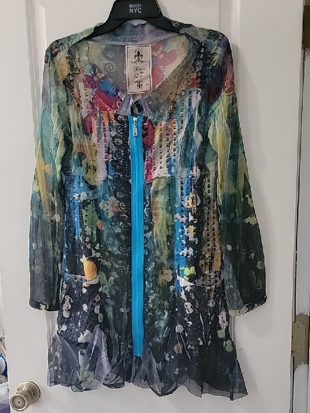 Fleur De Lis Living Sheer Painterly Zip-Front Tunic in Teal Blue and Black